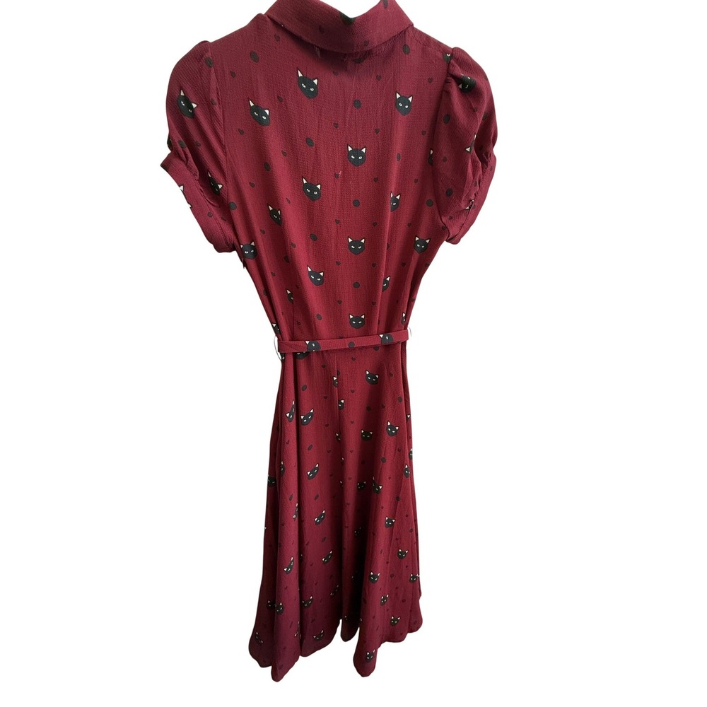 Burgundy Black Cat face swing fit and flare dress Collectif London Retro US 2 - Picture 6 of 7